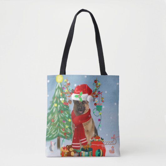 Duitse herderhond met kerstcadeaus in sneeuw tote bag (Voorkant)
