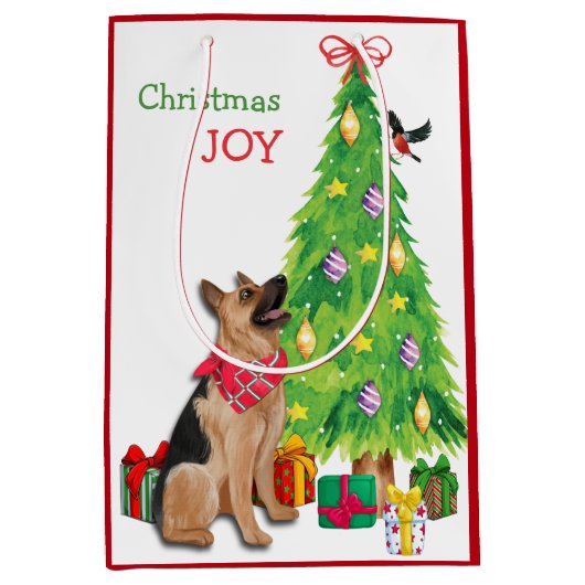 Duitse herderhond, vogel en kerstboom medium cadeauzakje (Voorkant)