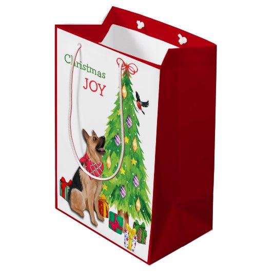 Duitse herderhond, vogel en kerstboom medium cadeauzakje (Achterkant Gekanteld)
