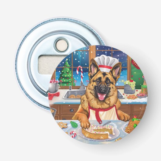 Duitse Herders Kerstbakfeest: Festive Kerstmis Button Flesopener (Voorkant)