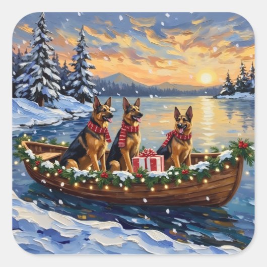 Duitse Herders Kerstboot Vakantie Vierkante Sticker (Voorkant)