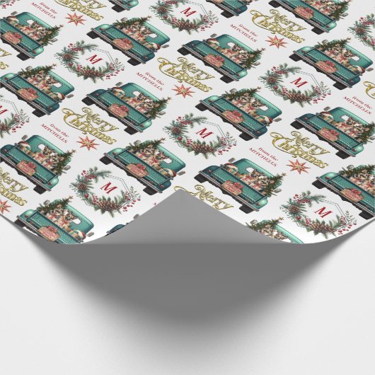 Duitse Herders Retro Truck Monogram Kerstmis Cadeaupapier (Hoek)