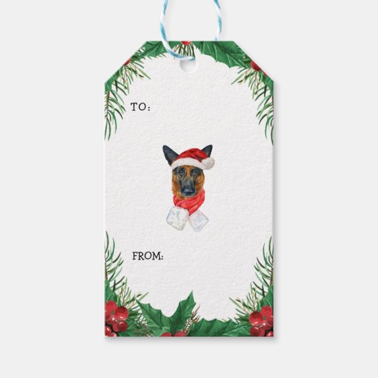 Duitse Herdersden Takken Groene Kerst Cadeaulabel (Voorkant)