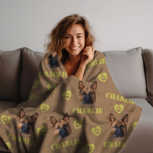 Duitse herdershond, aangepaste foto en naam herhal fleece deken