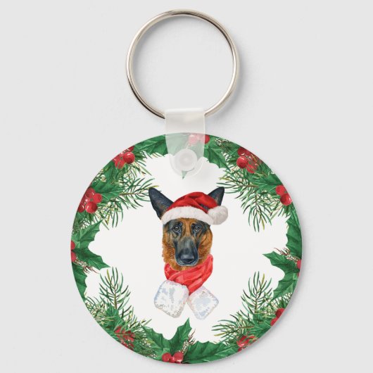 Duitse Herdershond Aquarel Kerst Dennentakken Sleutelhanger (Voorkant)