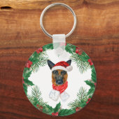 Duitse Herdershond Aquarel Kerst Dennentakken Sleutelhanger (Voorkant)