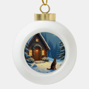 Duitse Herdershond Besneeuwd Boshuis Kerstschilder Keramische Bal Ornament