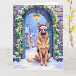 Duitse Herdershond Besneeuwde Stadspoort Kerstman  Kaart