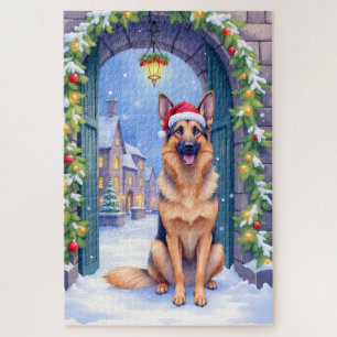 Duitse Herdershond Besneeuwde Stadspoort Kerstman  Legpuzzel