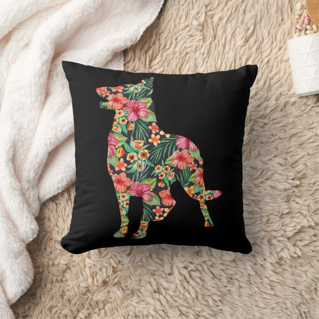 Duitse Herdershond Bloem Grappige Hond Silhouet Bl Kussen (Deken)