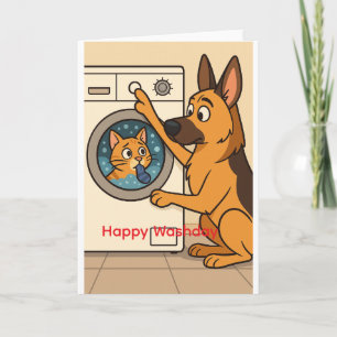 Duitse Herdershond en Kat Wasmachine Humor  Kaart