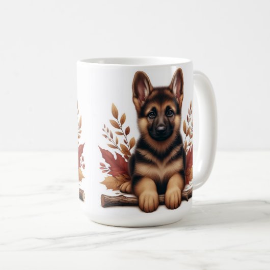 Duitse herdershond geposeerd met herfstbladeren koffiemok (Voorkant rechts)