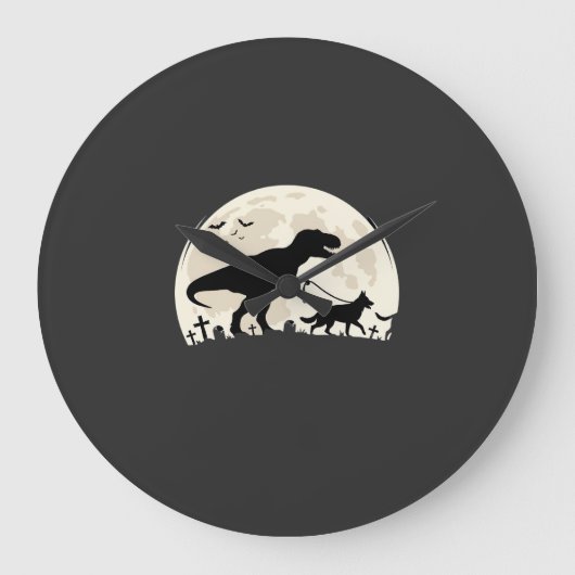 Duitse Herdershond Halloween Dinosaur Maan Silhoue Grote Klok (Voorkant)