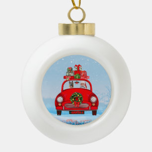 Duitse Herdershond in auto met kerstman Keramische Bal Ornament