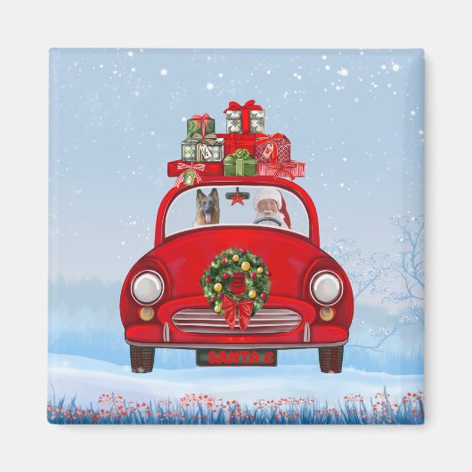 Duitse Herdershond in auto met kerstman Magneet (Voorkant)