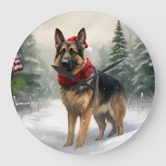 Duitse Herdershond in Kerstsneeuw Grote Klok (Voorkant)