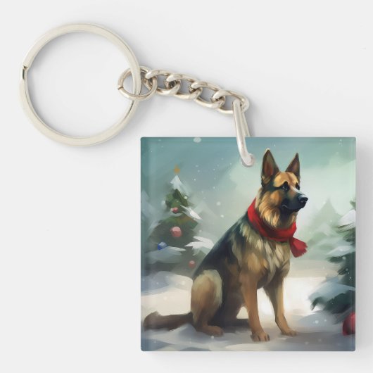 Duitse Herdershond in Kerstsneeuw Sleutelhanger (Voorkant)