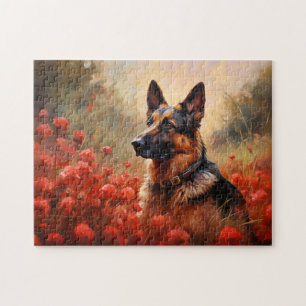 Duitse herdershond in klaprozen legpuzzel