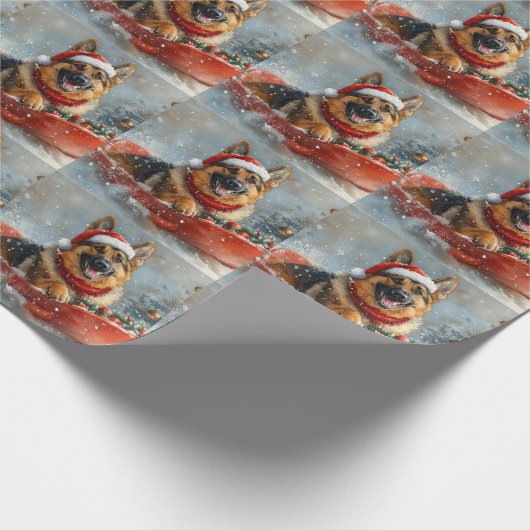Duitse herdershond in Sledge Sneeuwkerst Cadeaupapier (Hoek)