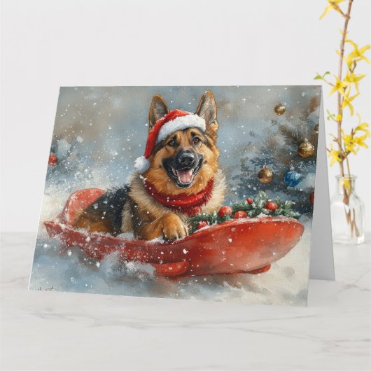 Duitse herdershond in Sledge Sneeuwkerst Kaart (Gele Bloem)