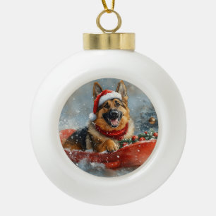 Duitse herdershond in Sledge Sneeuwkerst Keramische Bal Ornament