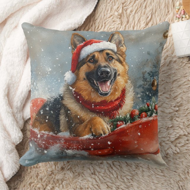 Duitse Herdershond in slee met sneeuw Kerstmis Kussen (Deken)