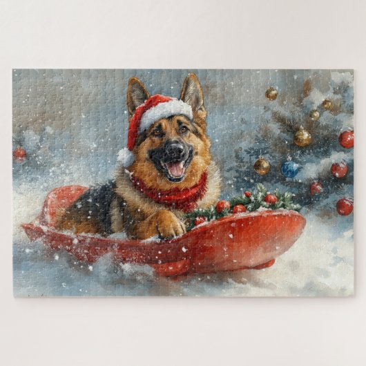 Duitse Herdershond in slee sneeuw Kerstmis Legpuzzel (Horizontaal)