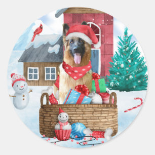 Duitse Herdershond in sneeuw Kersthuisje voor hond Ronde Sticker