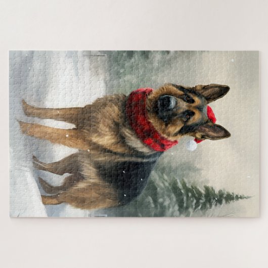 Duitse herdershond in sneeuw Kerstmis Legpuzzel (Horizontaal)