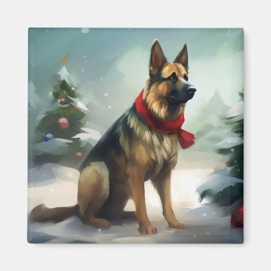 Duitse herdershond in sneeuw Kerstmis Magneet (Voorkant)