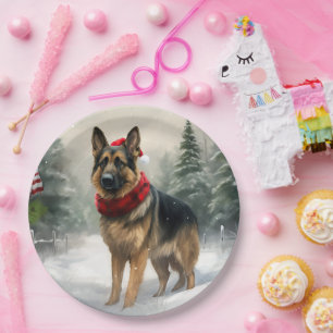 Duitse herdershond in sneeuw Kerstmis Papieren Bordje