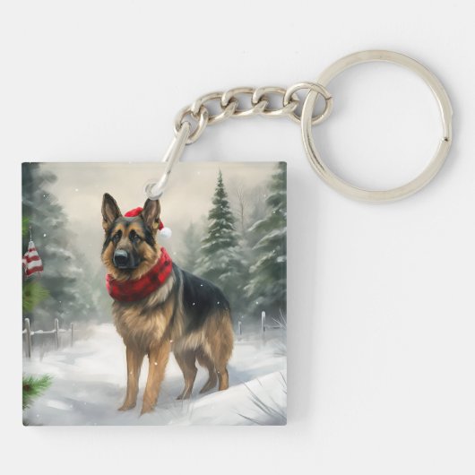 Duitse herdershond in sneeuw Kerstmis Sleutelhanger (Achterkant)