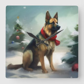 Duitse herdershond in sneeuw Kerstmis Vierkante Klok (Voorkant)