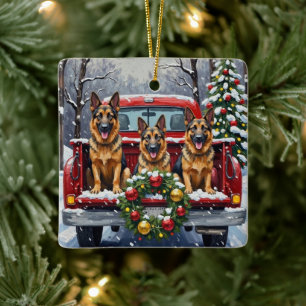 Duitse Herdershond Kerst Rode Truck Vakantie Keramisch Ornament