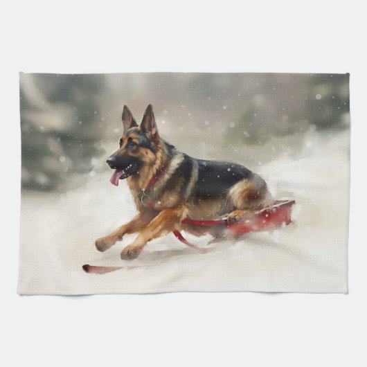 Duitse Herdershond Kerst sneeuw winter Theedoek (Horizontaal)