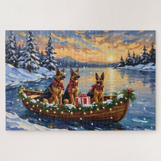 Duitse Herdershond Kerstboot Vakantie Legpuzzel (Horizontaal)