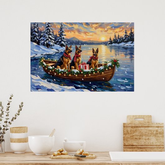 Duitse Herdershond Kerstboot Vakantie Poster (Keuken)