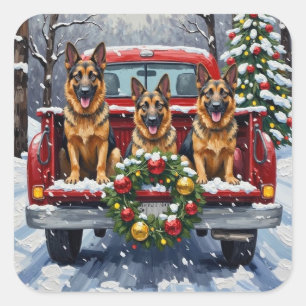 Duitse Herdershond Kerstmis Rode Truck Vakantie Vierkante Sticker