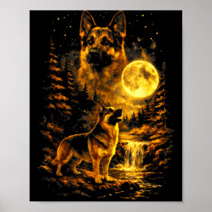 Duitse Herdershond Maannacht Kunst Hond Huilt Naar Poster