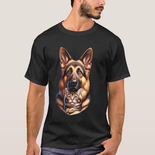 Duitse Herdershond met kat ontwerp T-shirt (Voorkant)