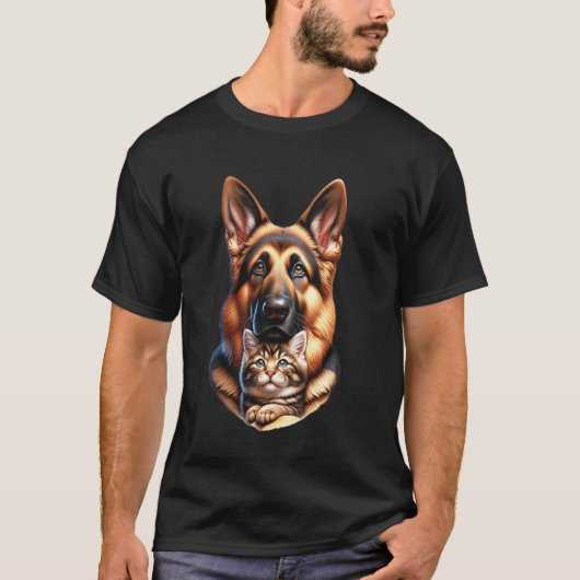 Duitse Herdershond met kat ontwerp T-shirt (Voorkant)