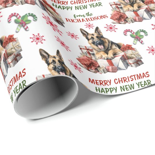 Duitse herdershond met kerstcadeaus cadeaupapier (Rol Hoek)