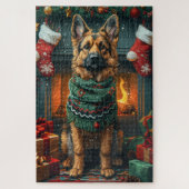 Duitse herdershond met kerstcadeaus open haard legpuzzel (Verticaal)