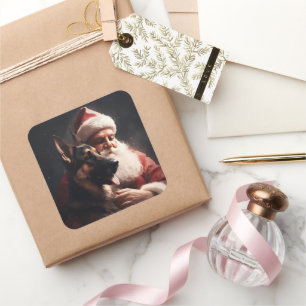Duitse Herdershond met Kerstman Festieve Kerst Vierkante Sticker