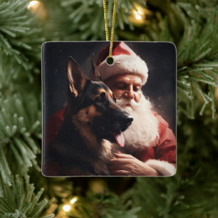 Duitse Herdershond met Kerstman Festive Kerstmis Keramisch Ornament