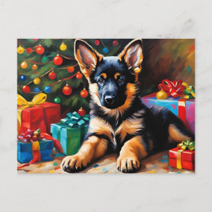 Duitse Herdershond Puppy, Kerstboom, Cadeaus  Feestdagenkaart