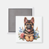 Duitse Herdershond Puppy met Bloemen Magneet (Voorkant / Achterkant)