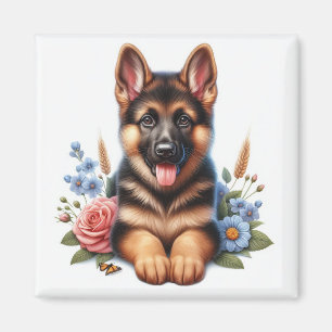 Duitse Herdershond Puppy met Bloemen Magneet
