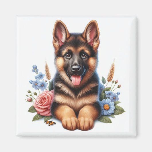Duitse Herdershond Puppy met Bloemen Magneet (Voorkant)