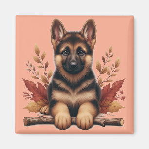 Duitse Herdershond Puppy Met Herfstbladeren Magneet